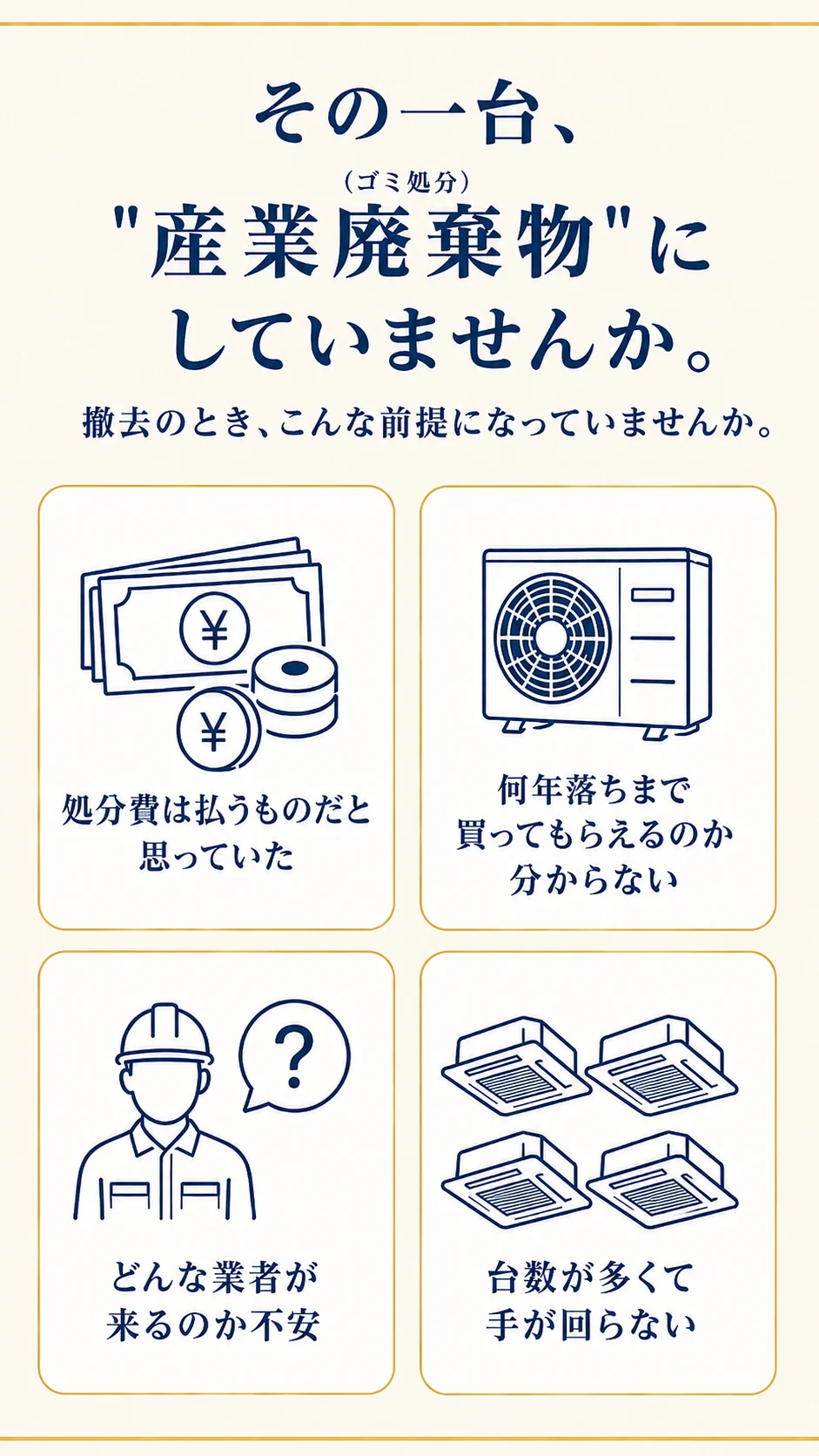 その一台、産業廃棄物にしていませんか。処分費は払うものだと思っていた／古いから値はつかない／どんな業者が来るのか不安／台数が多くて手が回らない