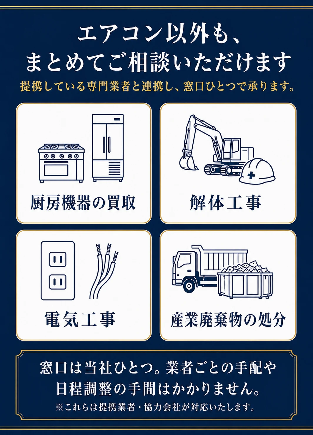 エアコン以外も、まとめてご相談いただけます。提携している専門業者と連携し、窓口ひとつで承ります。厨房機器の買取/解体工事/電気工事/産業廃棄物の処分。窓口は当社ひとつ。業者ごとの手配や日程調整の手間はかかりません。※これらは提携業者・協力会社が対応いたします