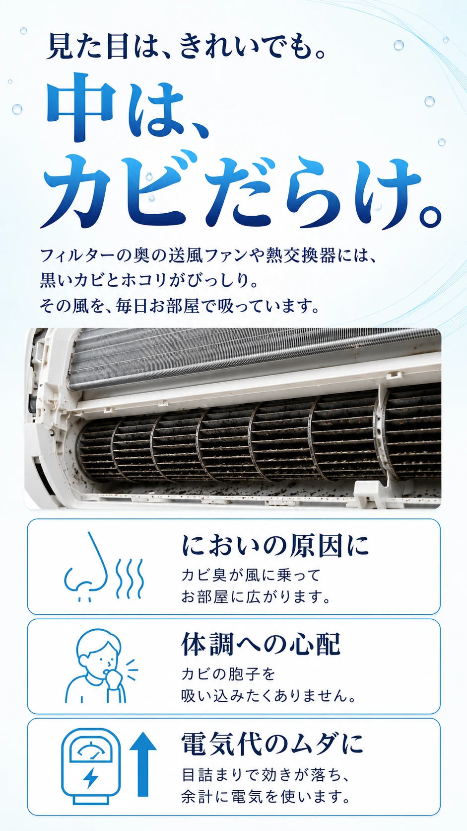 見た目は、きれいでも。中は、カビだらけ。フィルターの奥の送風ファンや熱交換器には、黒いカビとホコリがびっしり。その風を、毎日お部屋で吸っています。においの原因に／体調への心配／電気代のムダに