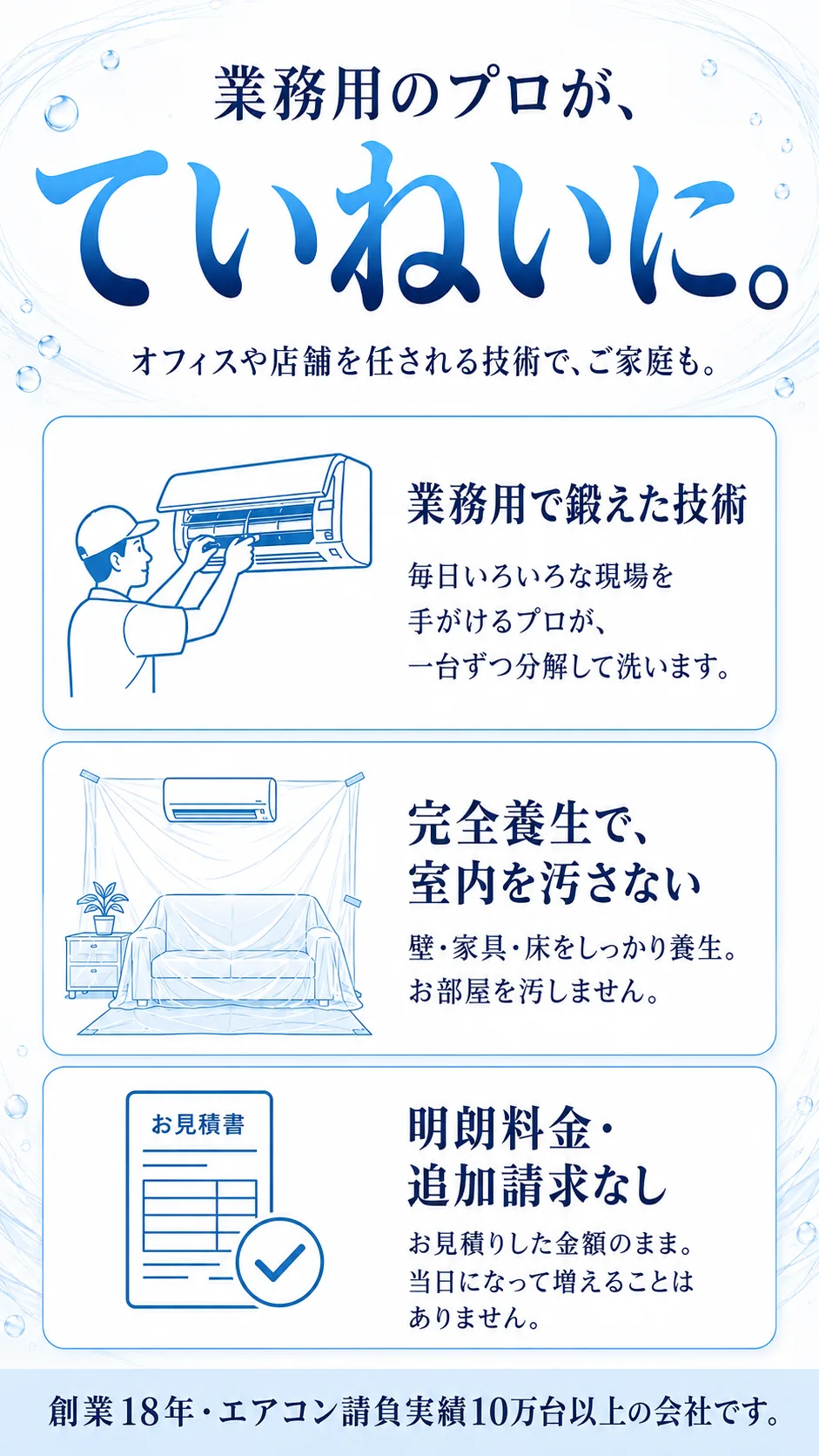 業務用のプロが、ていねいに。オフィスや店舗を任される技術で、ご家庭も。業務用で鍛えた技術／完全養生で、室内を汚さない／明朗料金・追加請求なし。創業18年・エアコン請負実績10万台以上の会社です。