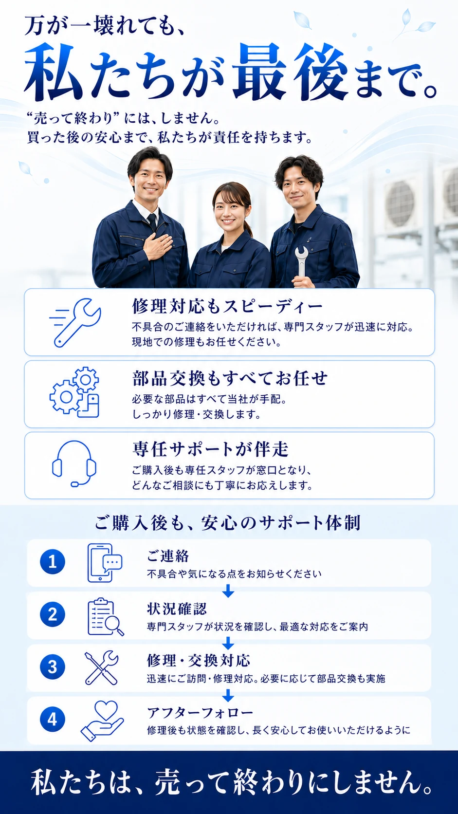 万が一壊れても、私たちが最後まで。＂売って終わり＂には、しません。買った後の安心まで、私たちが責任を持ちます。修理対応もスピーディー／部品交換もすべてお任せ／専任サポートが伴走。ご購入後も、安心のサポート体制：①ご連絡 ②状況確認 ③修理・交換対応 ④アフターフォロー。私たちは、売って終わりにしません。